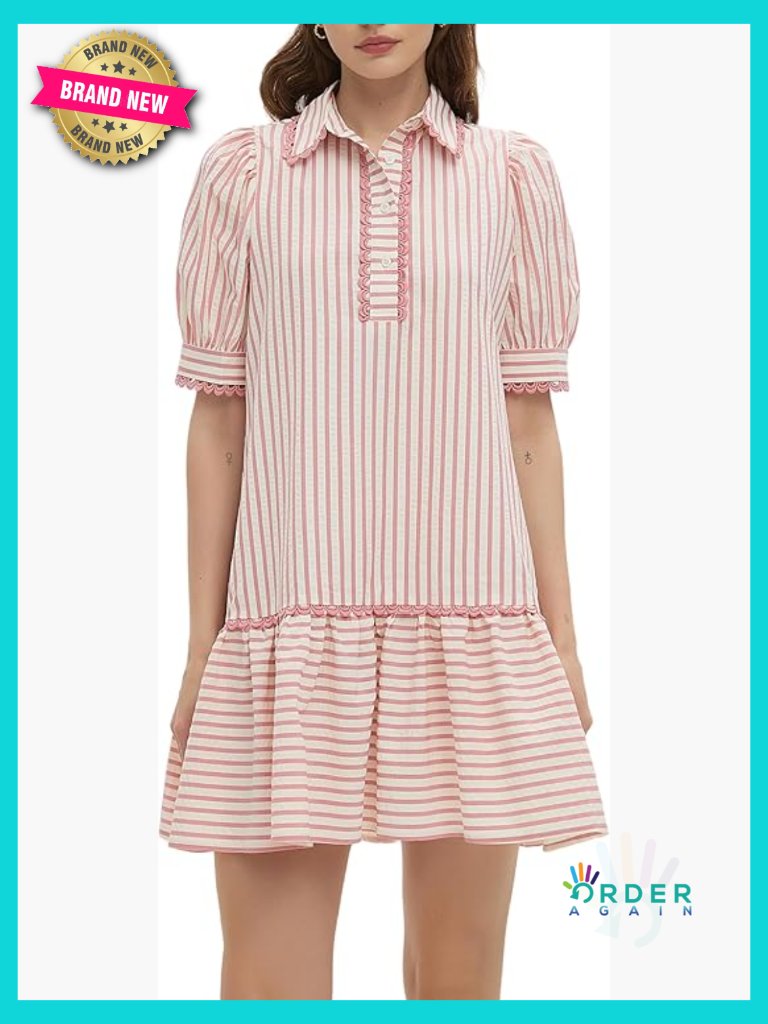 Striped Shirt Dress Puff Sleeve Ruffle Hem Casual Flowy Mini Shift Dress